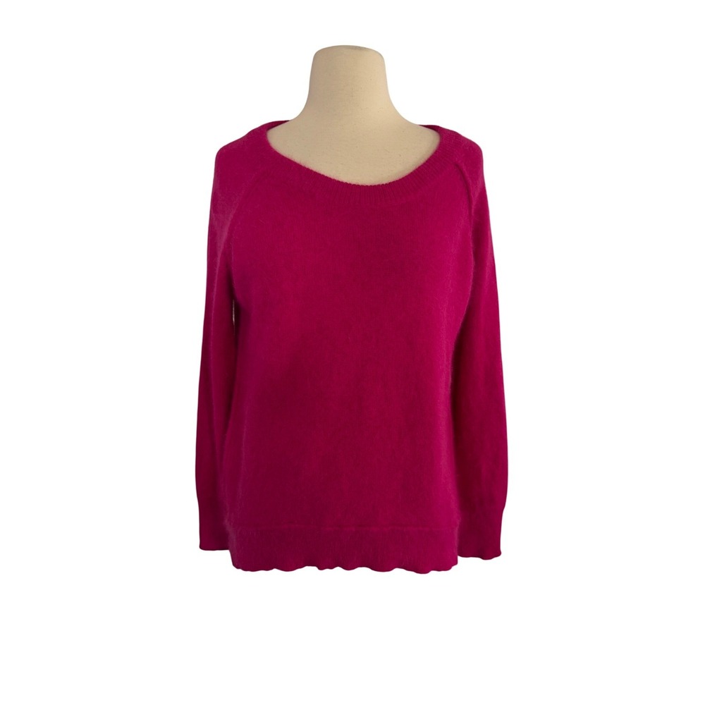 Sandro Magenta Pink Fuzzy Raglan Scoop Neck Hi-Low Scalloped Hem Sweater Women